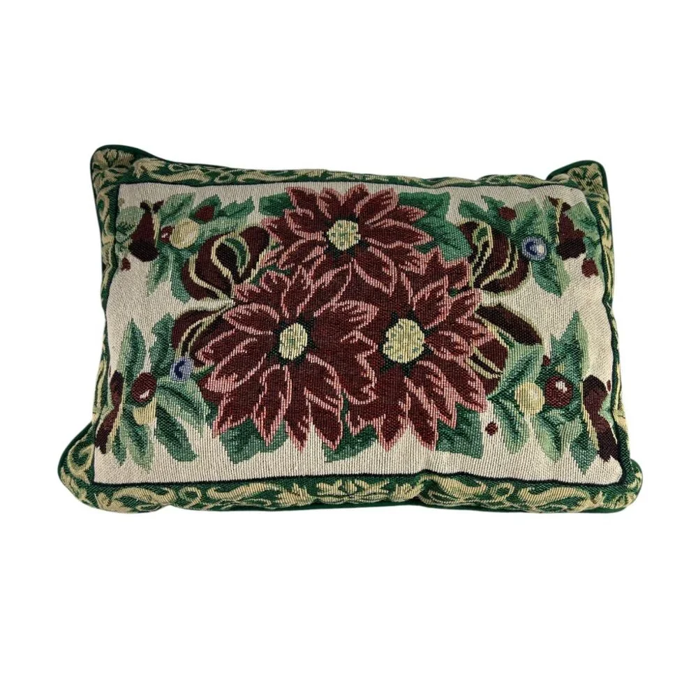 Christmas Poinsettia Tapestry Style Throw Pillow Flower Holiday Red Green